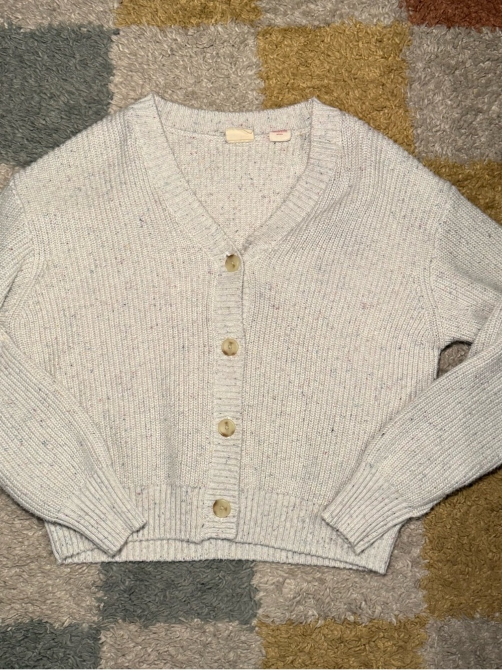 Light Cream Speckled V-Neck Button Cardigan Sweater